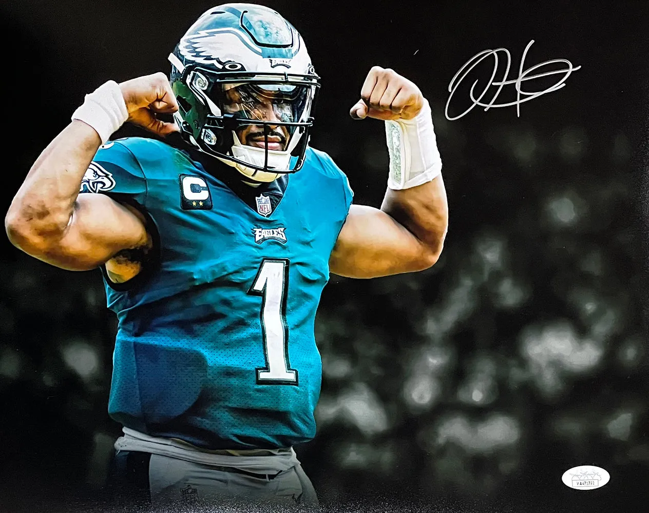 Jalen Hurts Signed Philadelphia Eagles 11x14 Football Flexing Photo JSA