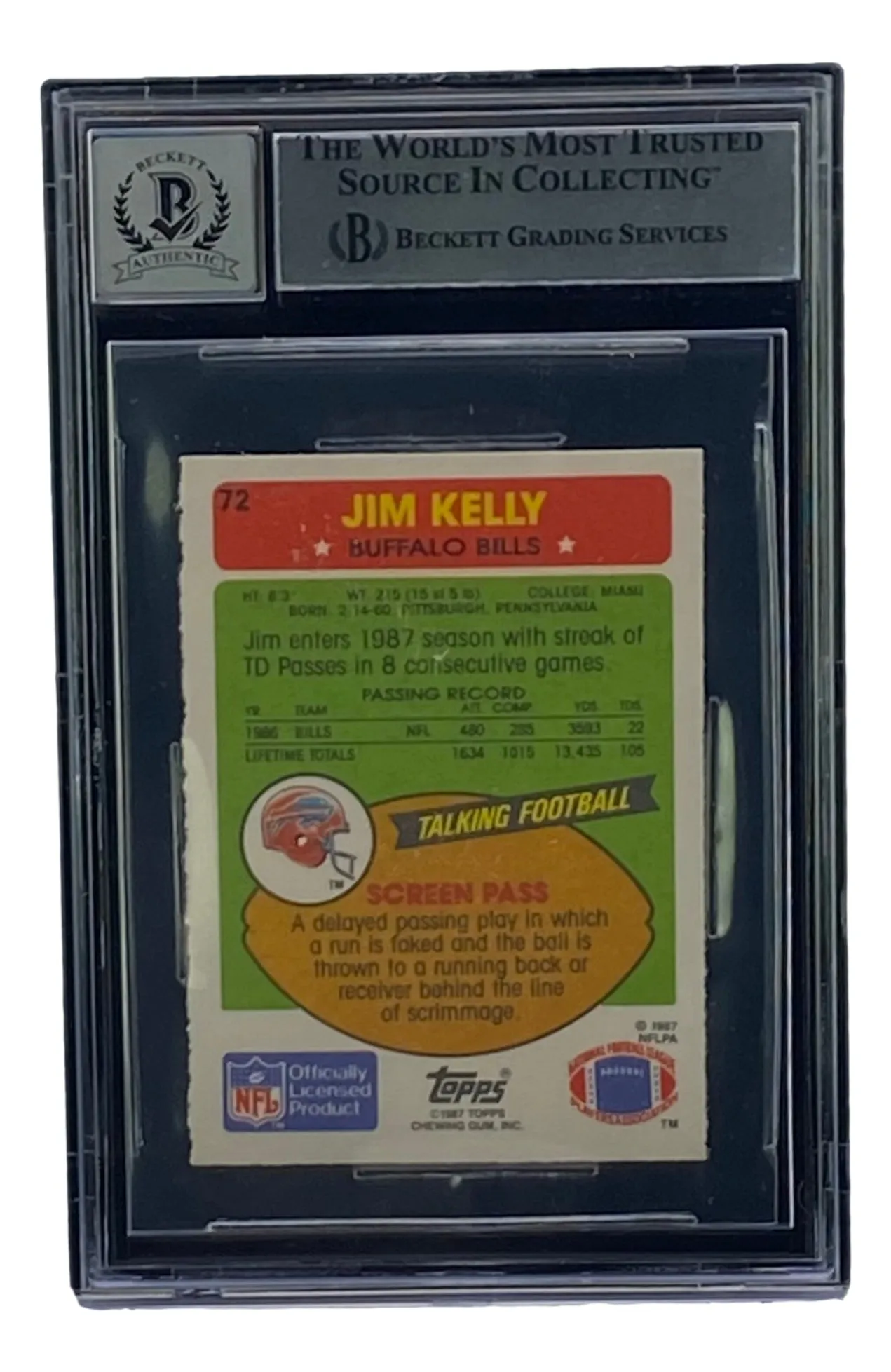 Jim Kelly Signed 1987 Topps #72 Buffalo Bills Rookie Football Card BAS Grade 10