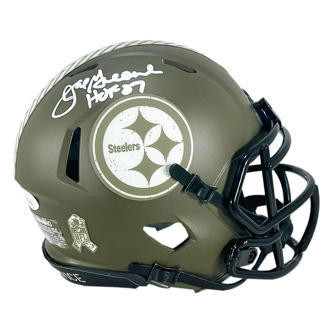 Joe Greene Signed HOF 87 Inscription Pittsburgh Steelers Salute to Service Speed Mini Football Helmet (JSA)