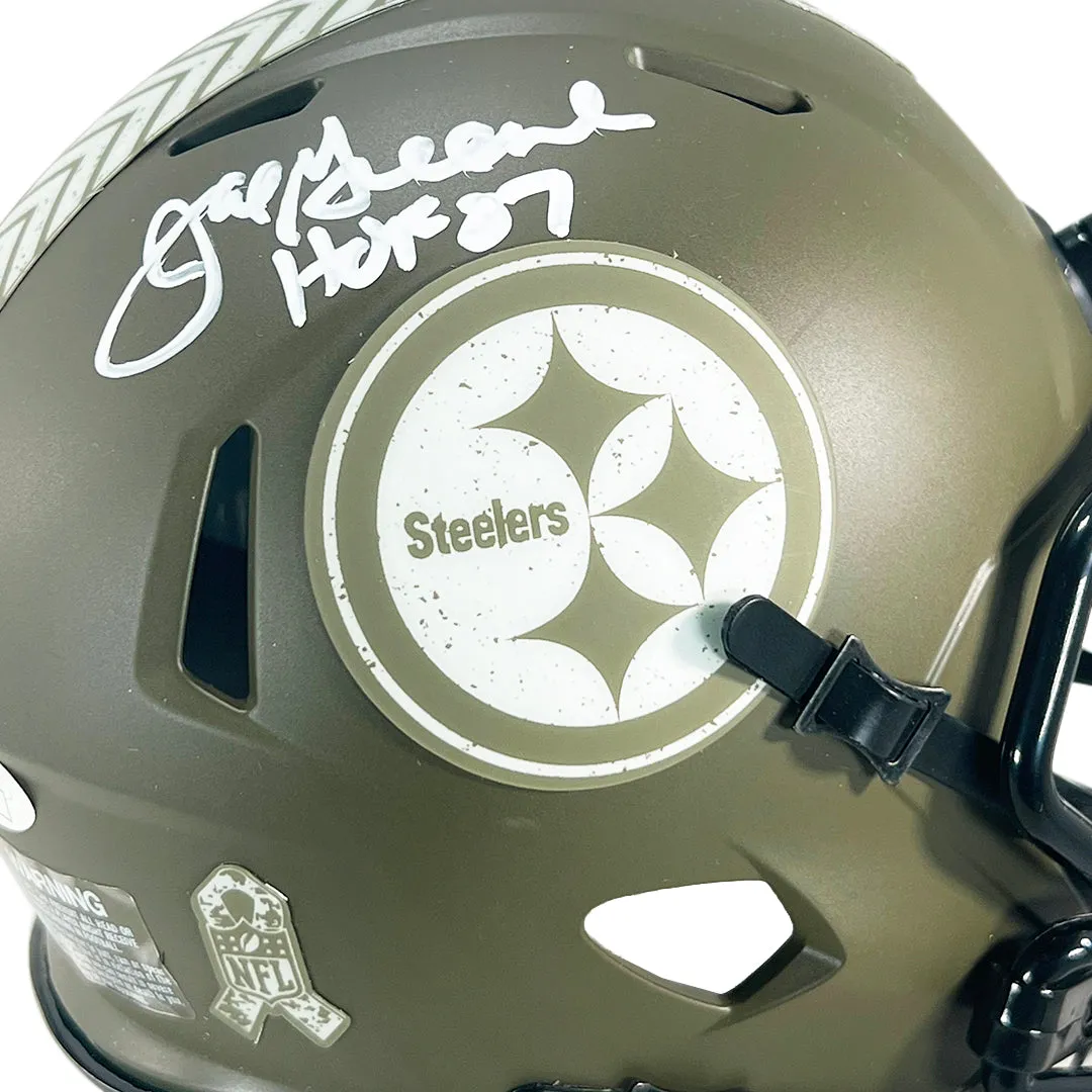 Joe Greene Signed HOF 87 Inscription Pittsburgh Steelers Salute to Service Speed Mini Football Helmet (JSA)