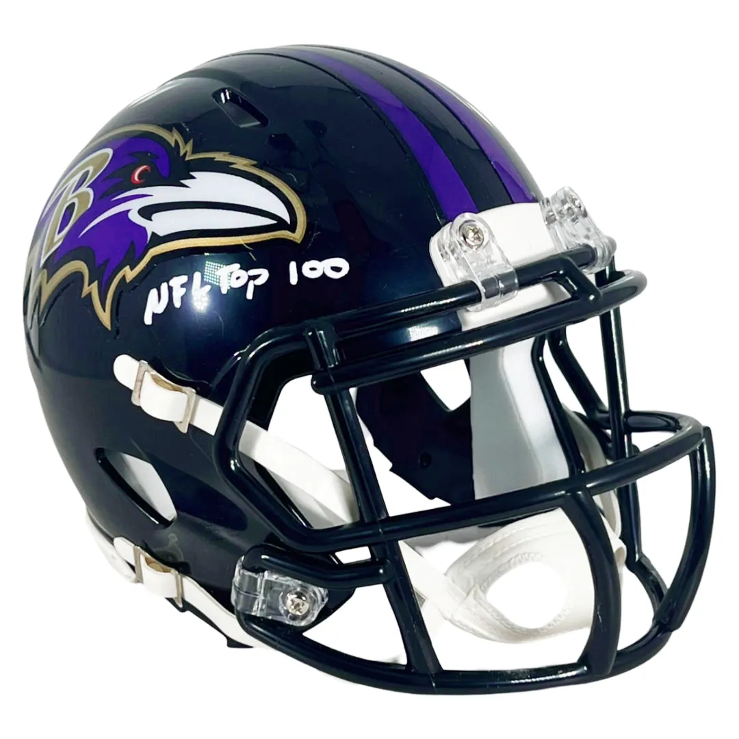 Jonathan Ogden Signed HOF 13/NFL Top 100 Inscription Baltimore Ravens Speed Mini Football Helmet (Beckett)