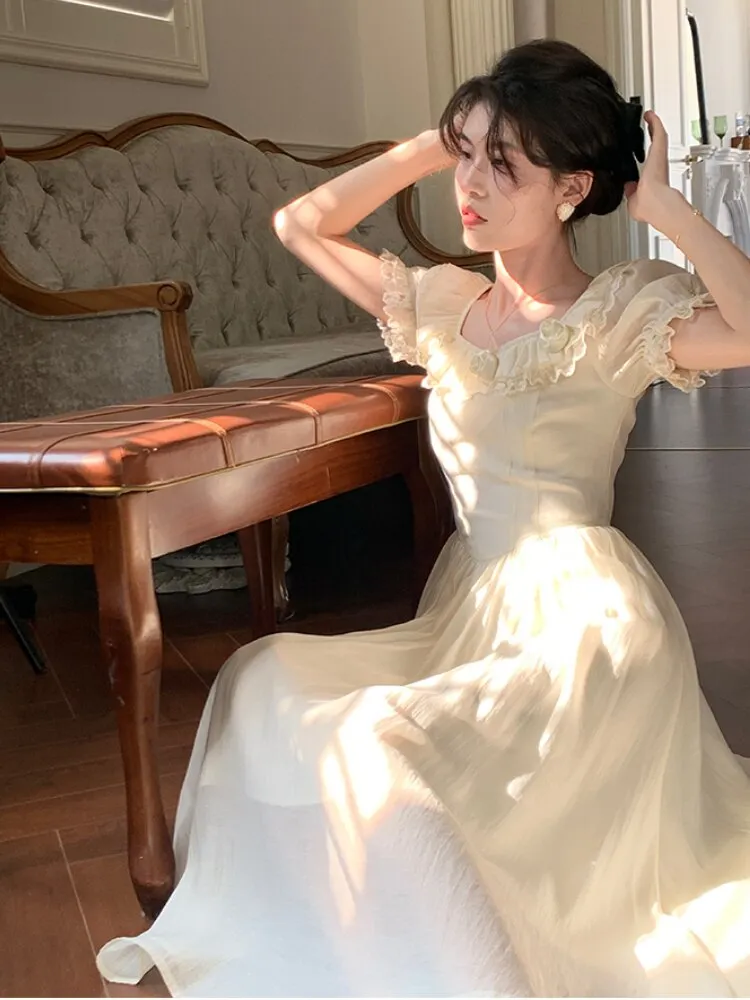 Joskaa Rose Flower Elegant Vintage Dress Women Ruffles Lace Fairy Sweet Long Dress Female Bubble Sleeve Princess Designer Dress 2024