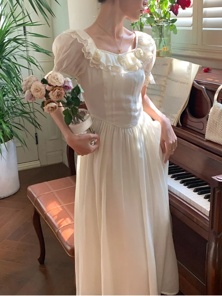 Joskaa Rose Flower Elegant Vintage Dress Women Ruffles Lace Fairy Sweet Long Dress Female Bubble Sleeve Princess Designer Dress 2024