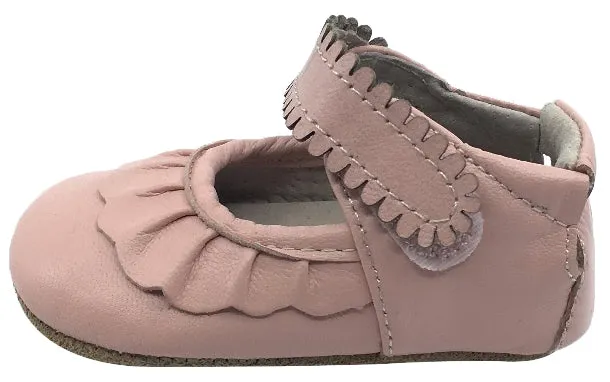 Livie & Luca Girl's Ruche Shell Pink Smooth Leather Ruffle Trimmed Hook and Loop Mary Jane Shoe