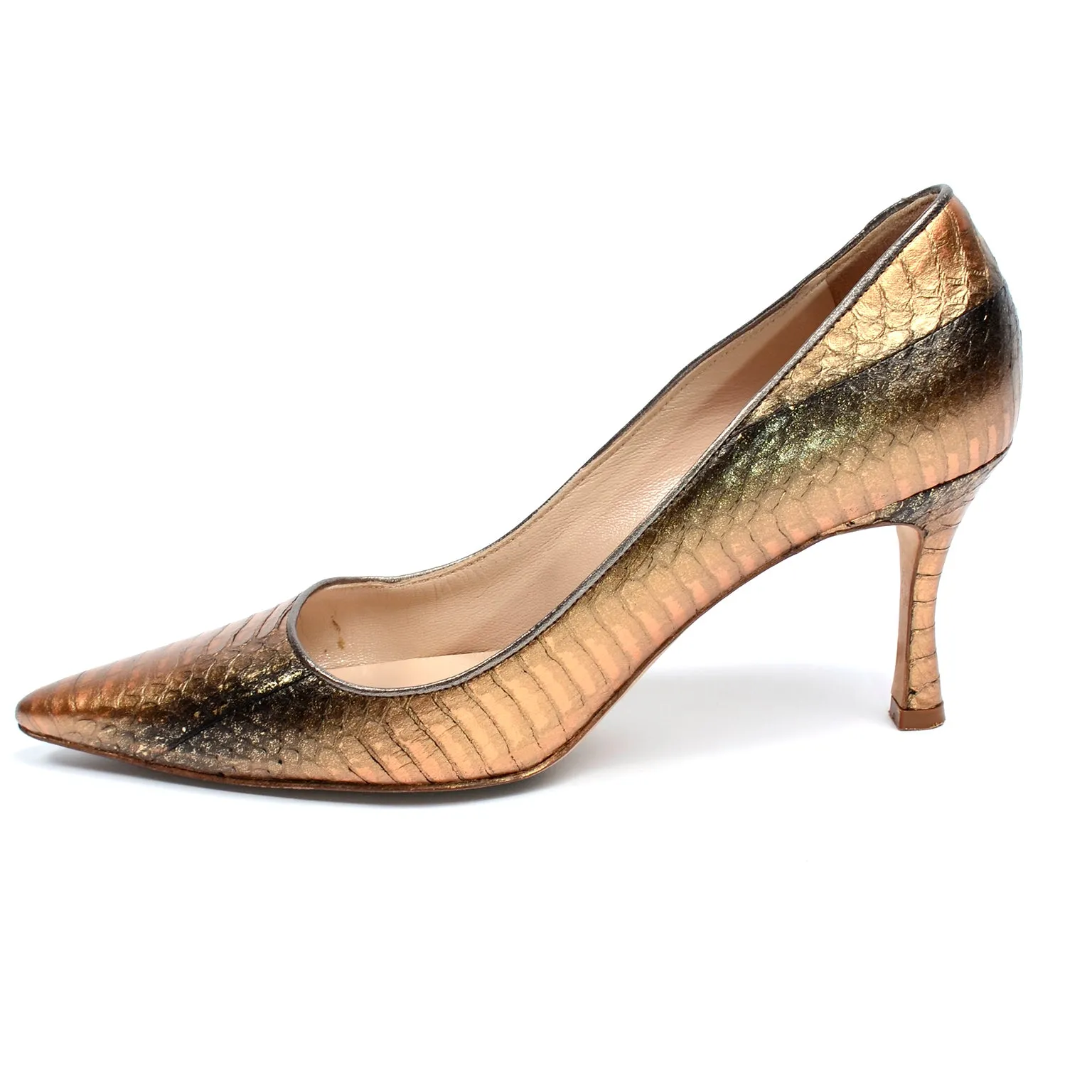 Manolo Blahnik Bronze & Copper Metallic Snakeskin Pumps