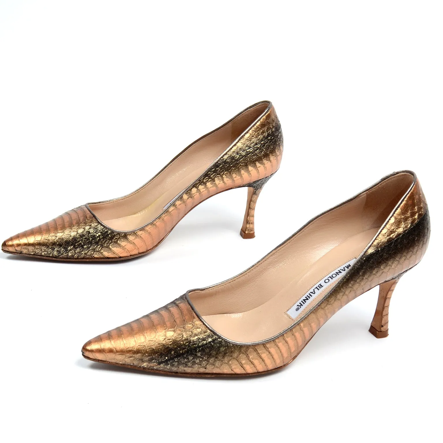 Manolo Blahnik Bronze & Copper Metallic Snakeskin Pumps