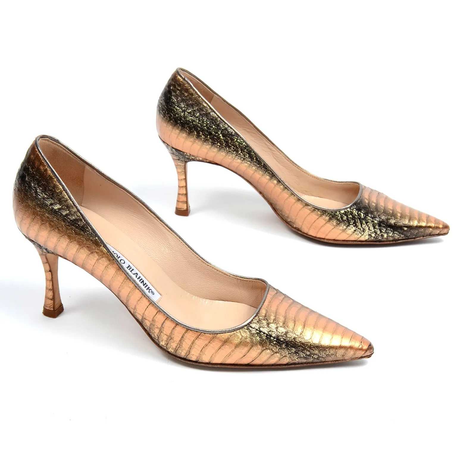 Manolo Blahnik Bronze & Copper Metallic Snakeskin Pumps