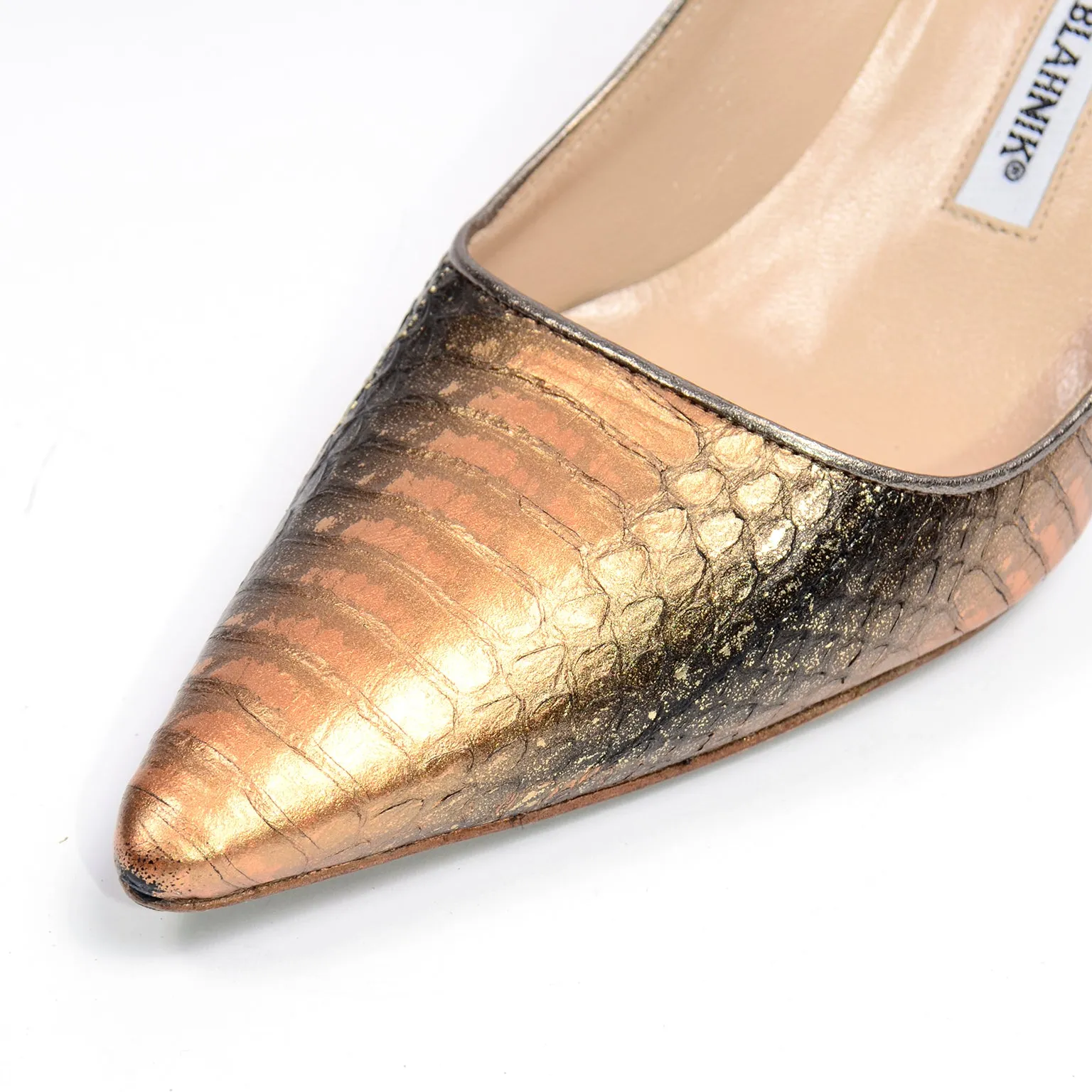 Manolo Blahnik Bronze & Copper Metallic Snakeskin Pumps