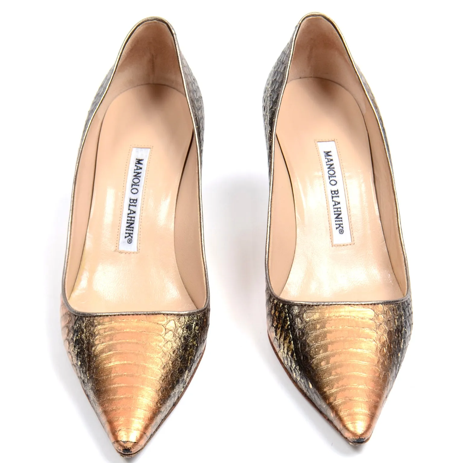 Manolo Blahnik Bronze & Copper Metallic Snakeskin Pumps