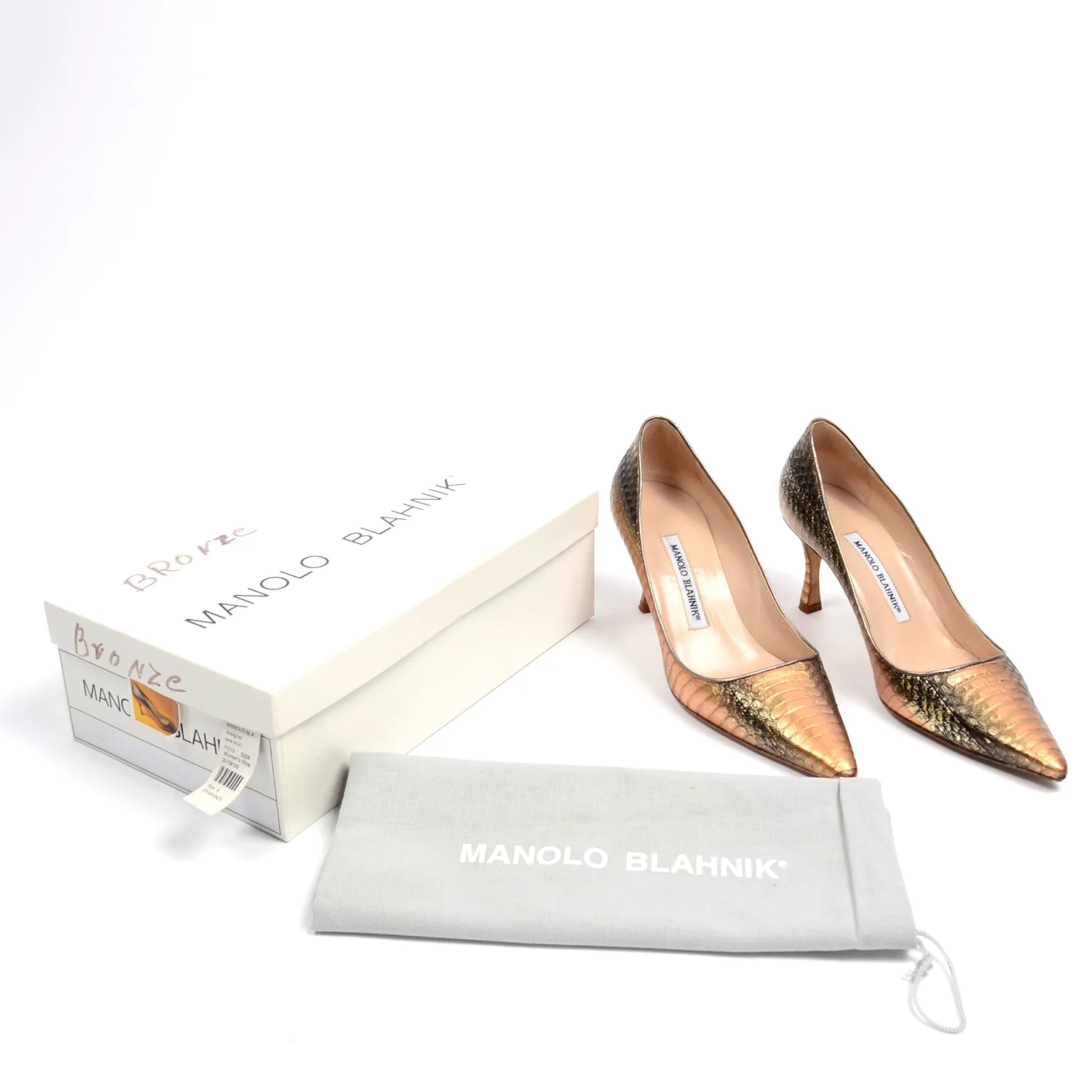 Manolo Blahnik Bronze & Copper Metallic Snakeskin Pumps