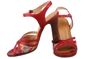 Marc Jacobs Red Leather Heeled Sandal Open Toe and Ankle Strap with Floral Details size 39