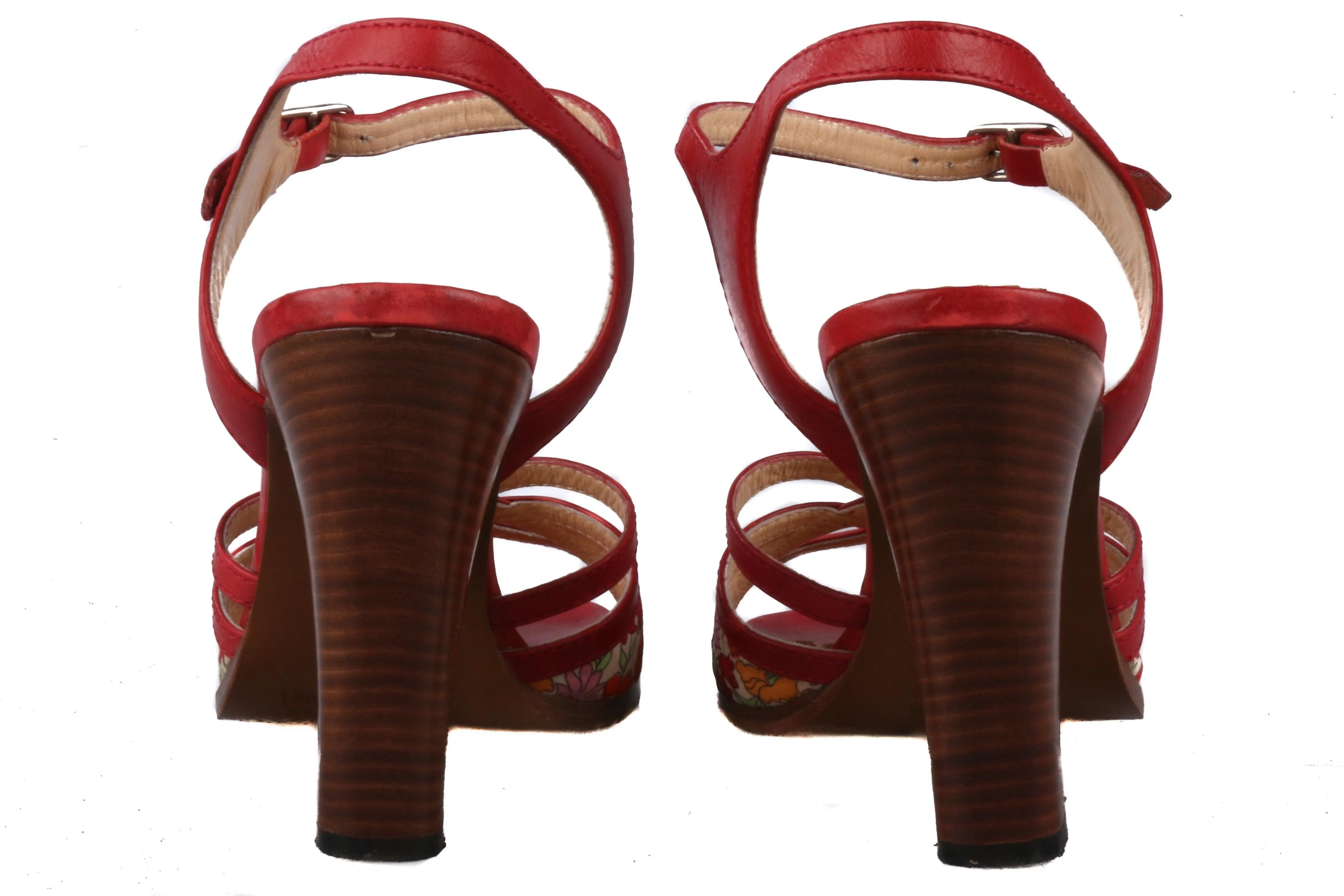 Marc Jacobs Red Leather Heeled Sandal Open Toe and Ankle Strap with Floral Details size 39