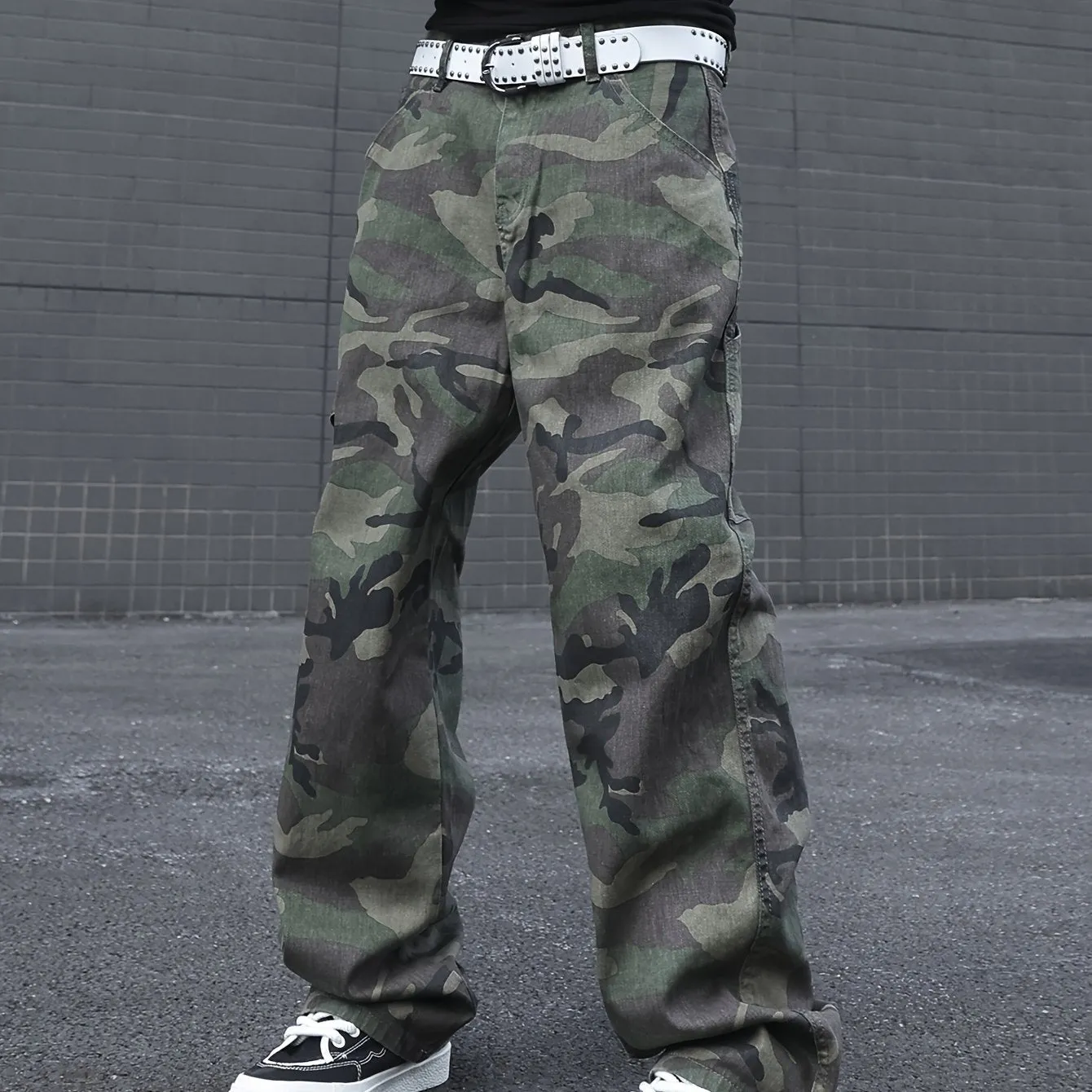 Men's Casual Camouflage Print Denim Jeans, Loose Fit Comfy Pants For Outdoor Activity