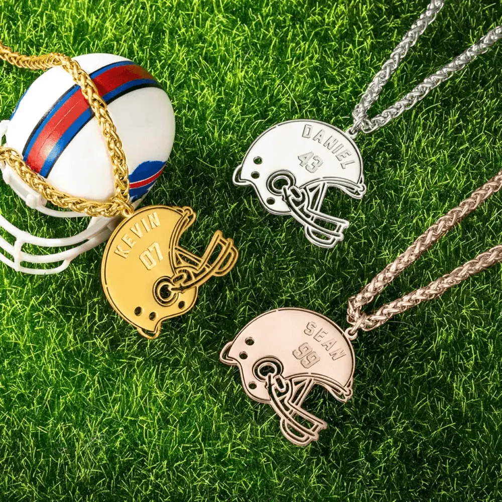 Men's Personalized Stainless Steel Engraved Football Helmet Name Necklace