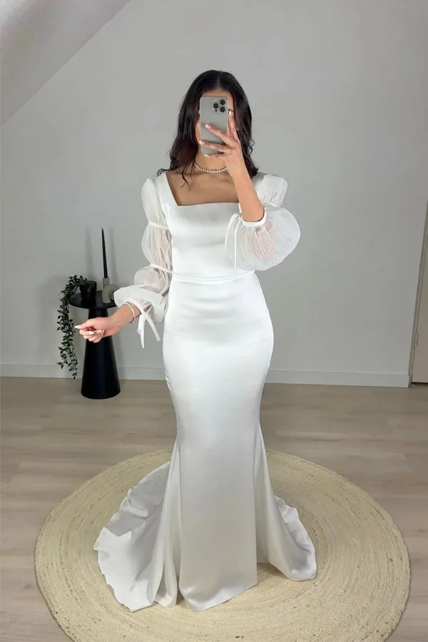 Mermaid White Square Neck Long Sleeves Wedding Dress WD755