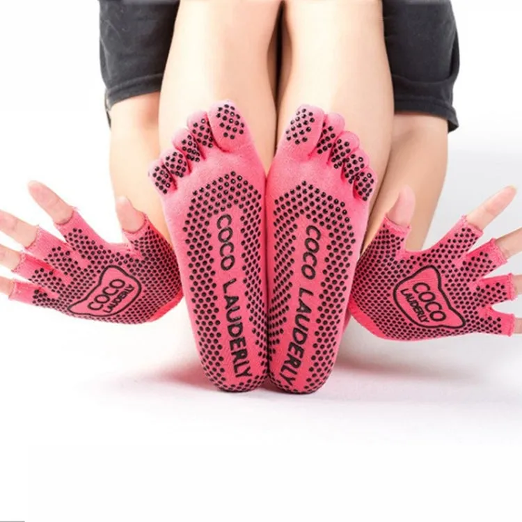 Non-slip Open Finger Yoga Sports Gloves Five Finger Yoga Socks Set, Size: One Size(Red)