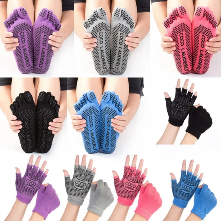 Non-slip Open Finger Yoga Sports Gloves Five Finger Yoga Socks Set, Size: One Size(Red)