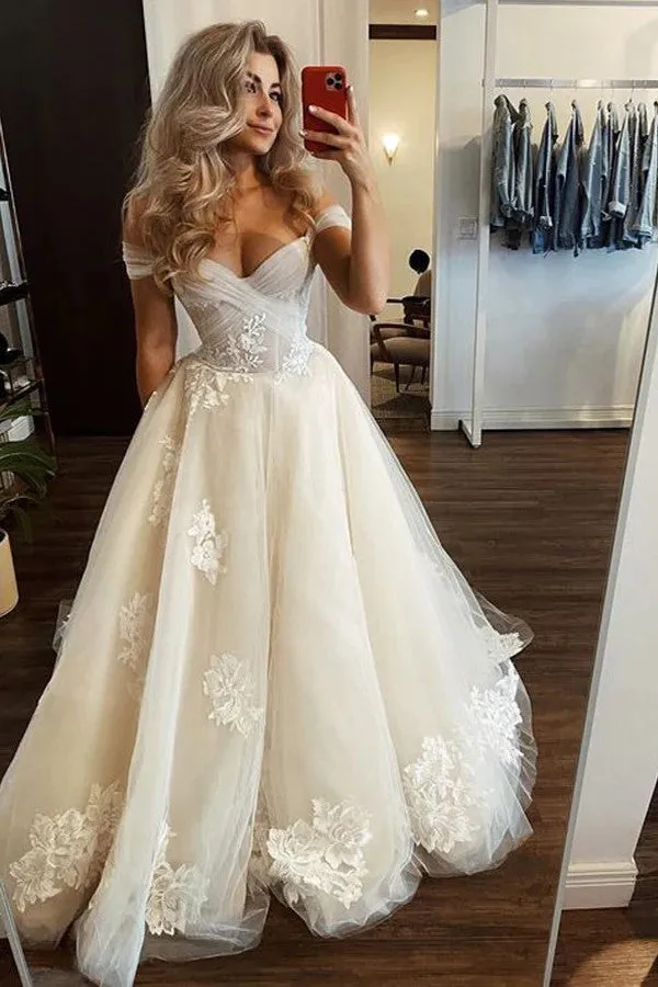 Off The Shoulder Light Champagne Wedding Gown Floral Wedding Dress WD713