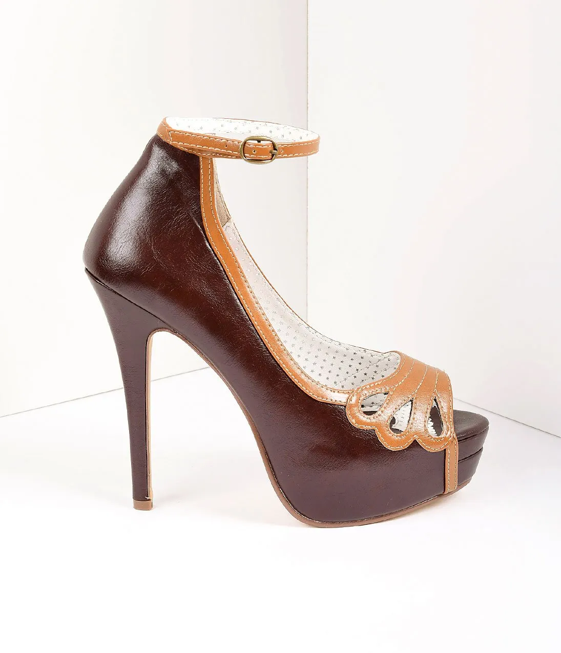 Retro Style Dark Brown & Maple Leatherette Peep Toe Platform Cutout Pumps