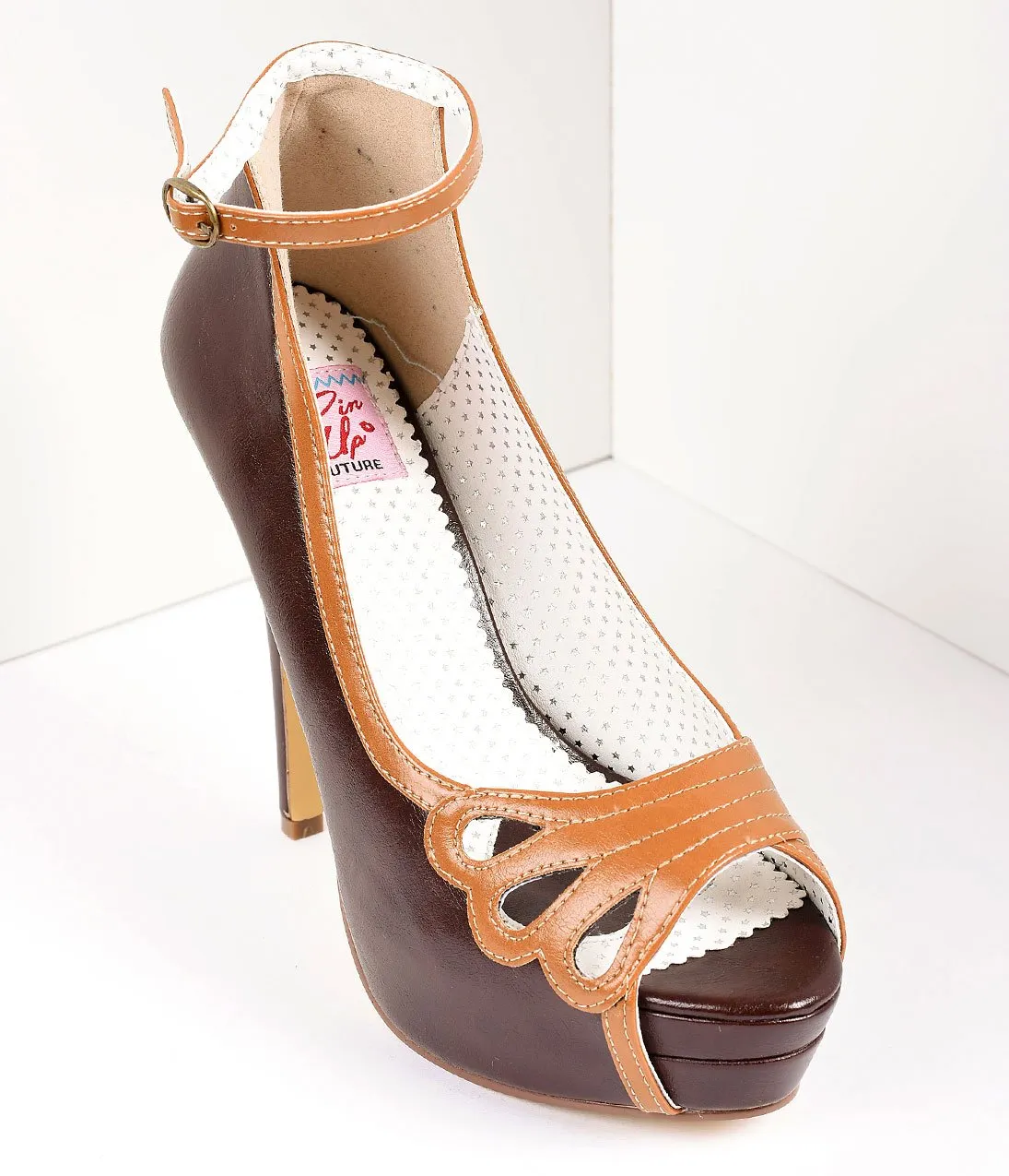 Retro Style Dark Brown & Maple Leatherette Peep Toe Platform Cutout Pumps