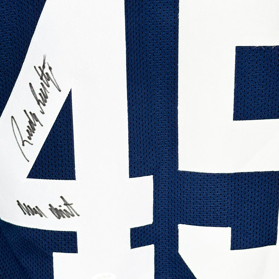 Rudy Ruettiger Signed Never Quit Inscription and Nameplate Notre Dame College Navy Football Jersey (JSA)