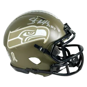 Shaun Alexander Signed Psalms Inscriptions Seattle Seahawks Salute to Service Mini Football Helmet (JSA)