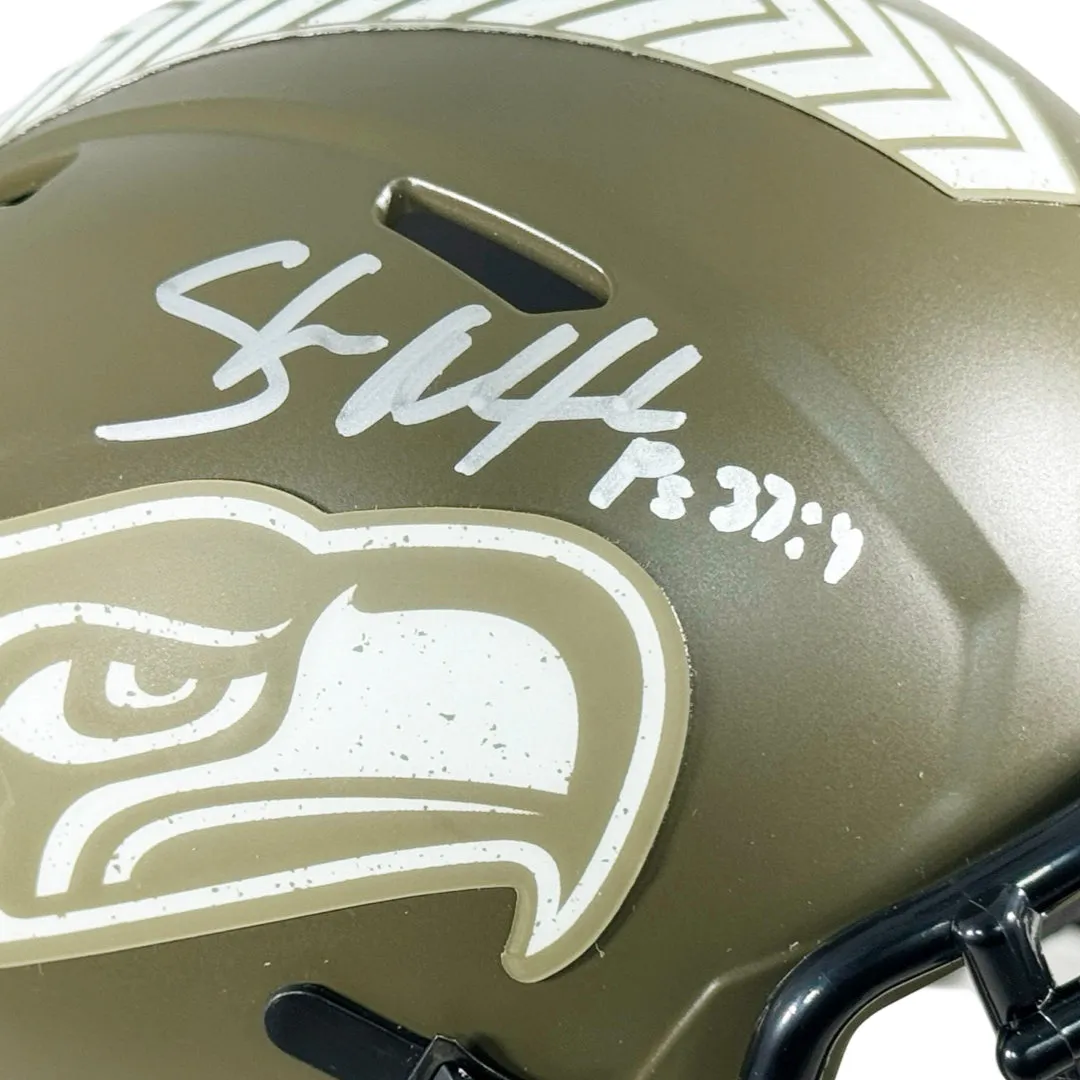 Shaun Alexander Signed Psalms Inscriptions Seattle Seahawks Salute to Service Mini Football Helmet (JSA)