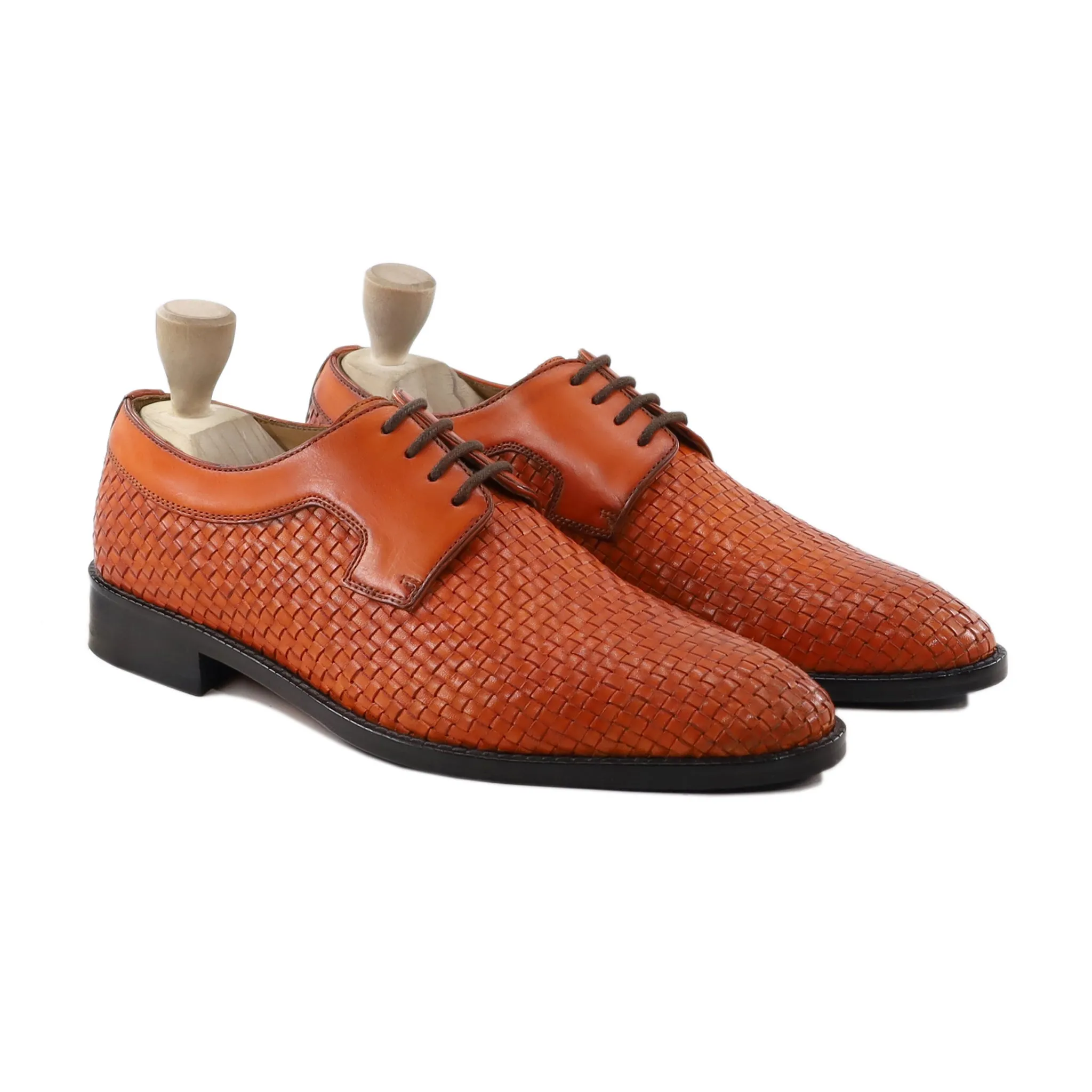 Shinji - Men's Tan Hand Woven Calf Leather Derby Shoe