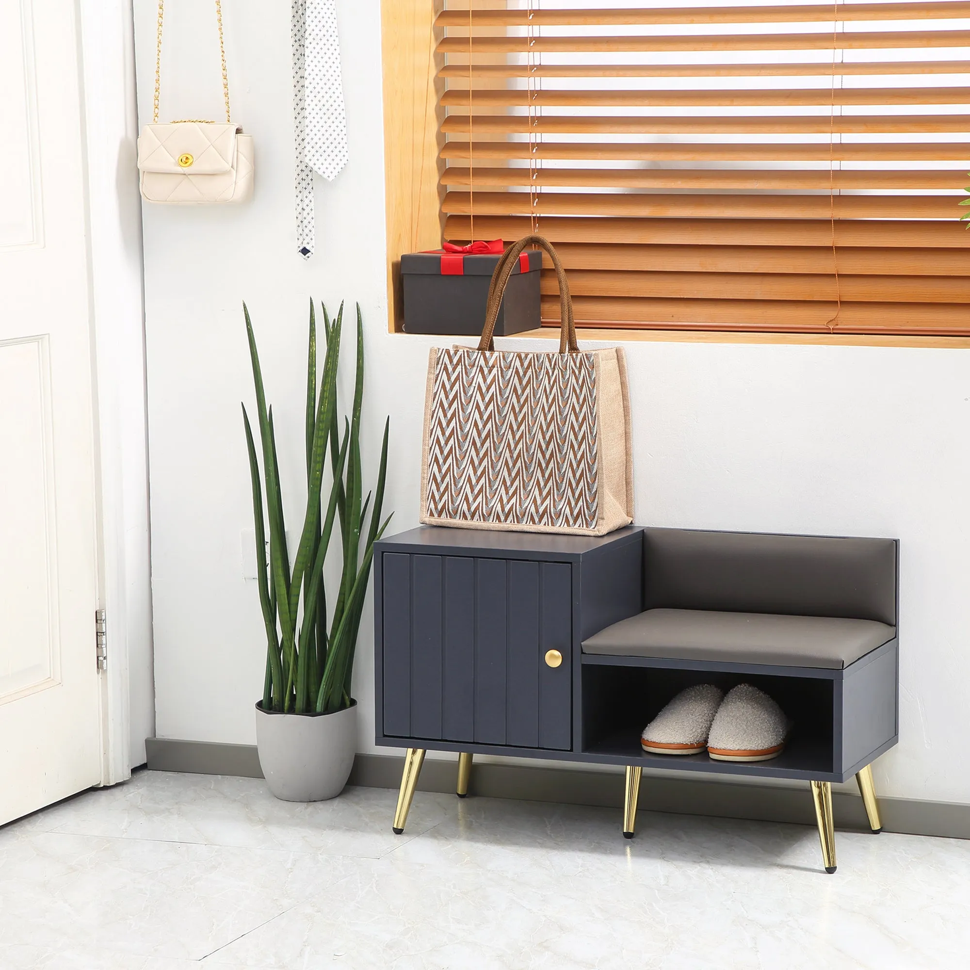 Shoe Bench with Storage, Shoe Cabinet with Seating Cushion, Open Compartment and Table Top for Entryway, Hallway, Grey