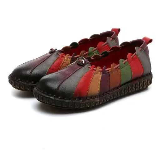 SOCOFY Leather Rainbow Weave Comfortable Vintage Flat  Shoes