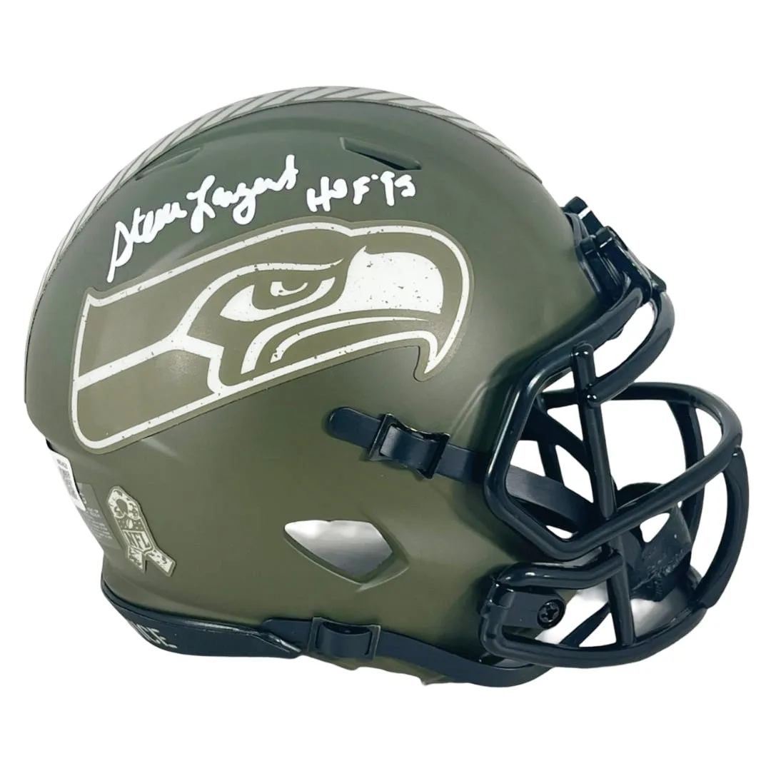 Steve Largent Signed HOF 95 Inscription Seattle Seahawks Salute to Service Mini Football Helmet (Beckett)