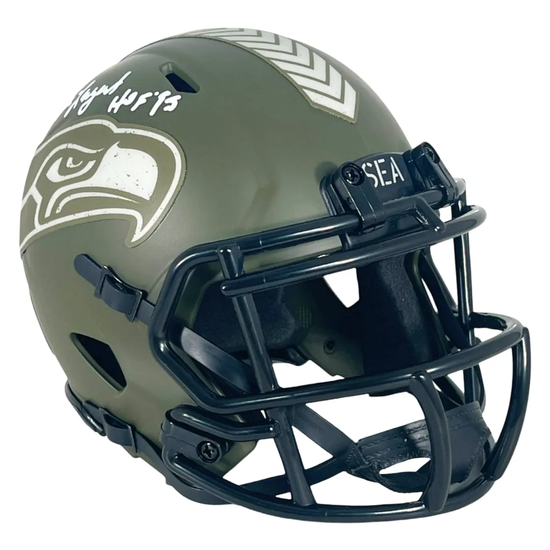 Steve Largent Signed HOF 95 Inscription Seattle Seahawks Salute to Service Mini Football Helmet (Beckett)