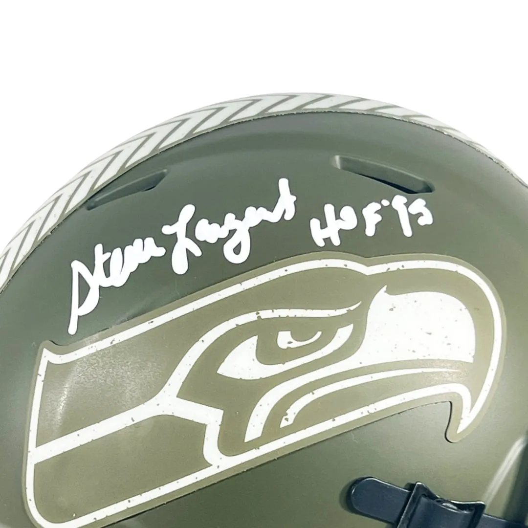 Steve Largent Signed HOF 95 Inscription Seattle Seahawks Salute to Service Mini Football Helmet (Beckett)