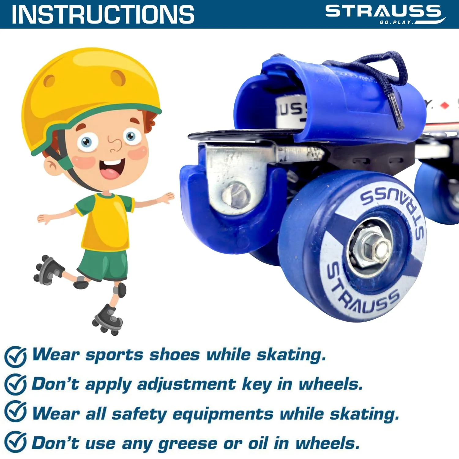 STRAUSS Junior Tenacity Roller Skates | Adjustable Shoe Size for Kids | 4 Wheels Skates for Boys and Girls | for Indoor and Outdoor Skating | Age Group 3-7 Years | Weight Capacity Upto 60kgs, Blue