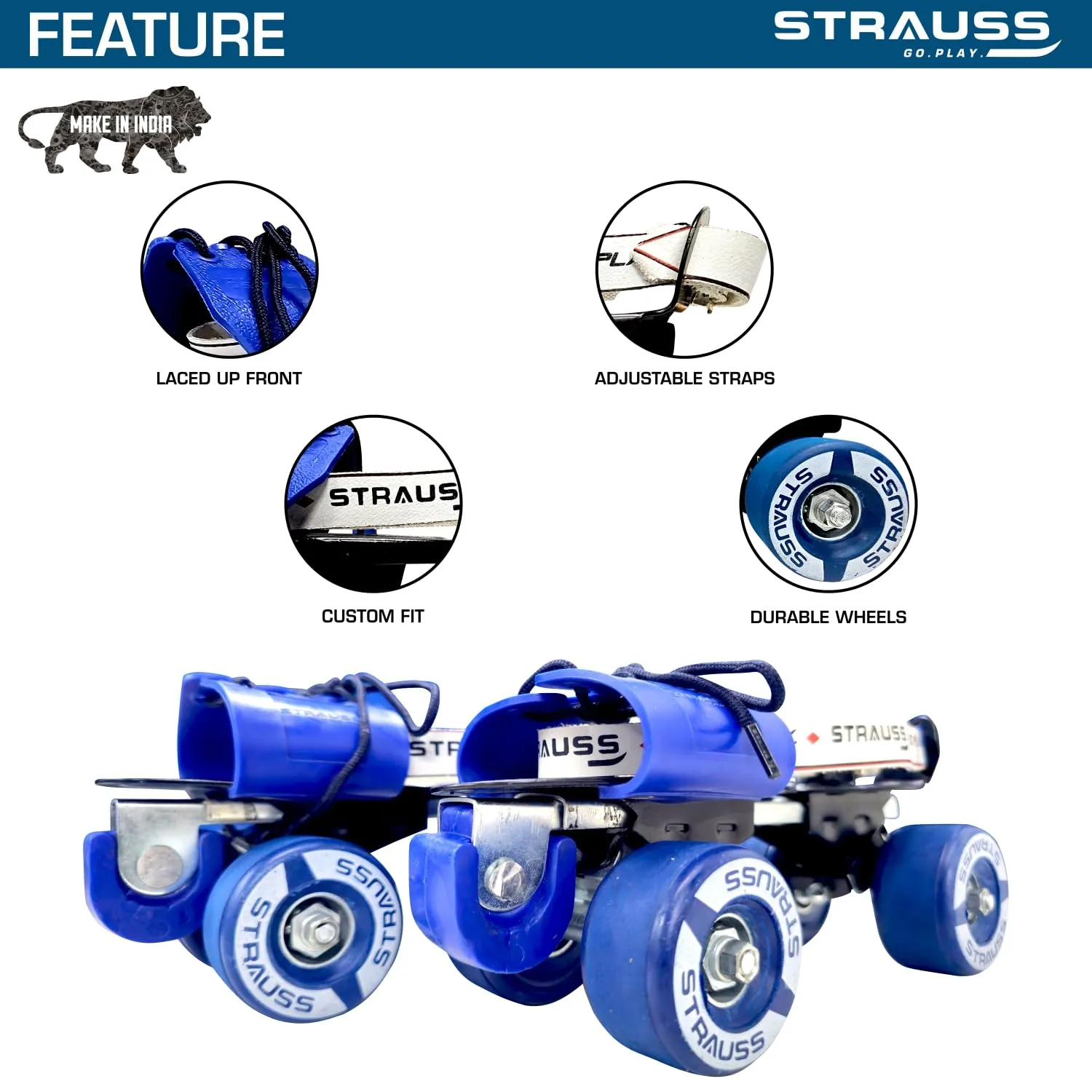 STRAUSS Junior Tenacity Roller Skates | Adjustable Shoe Size for Kids | 4 Wheels Skates for Boys and Girls | for Indoor and Outdoor Skating | Age Group 3-7 Years | Weight Capacity Upto 60kgs, Blue