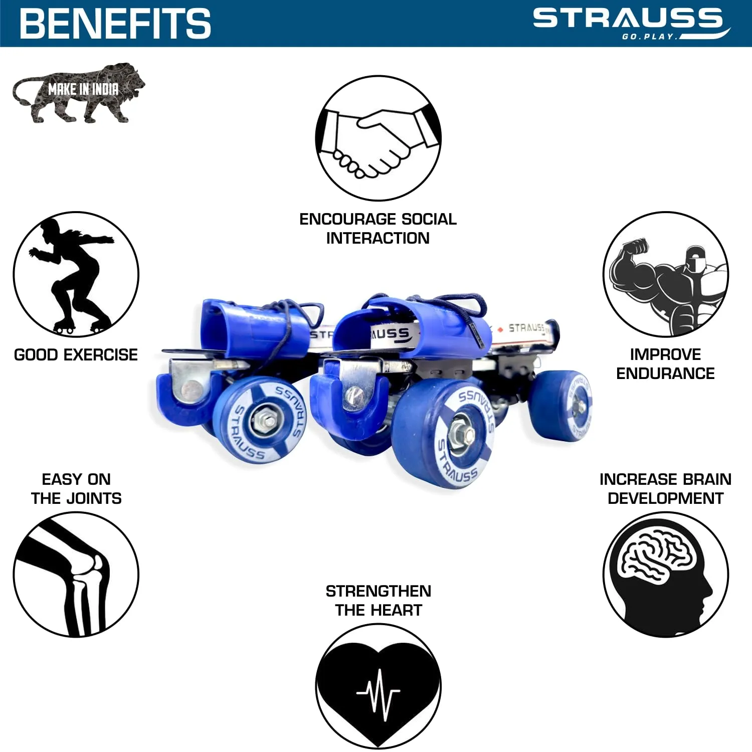 STRAUSS Junior Tenacity Roller Skates | Adjustable Shoe Size for Kids | 4 Wheels Skates for Boys and Girls | for Indoor and Outdoor Skating | Age Group 3-7 Years | Weight Capacity Upto 60kgs, Blue