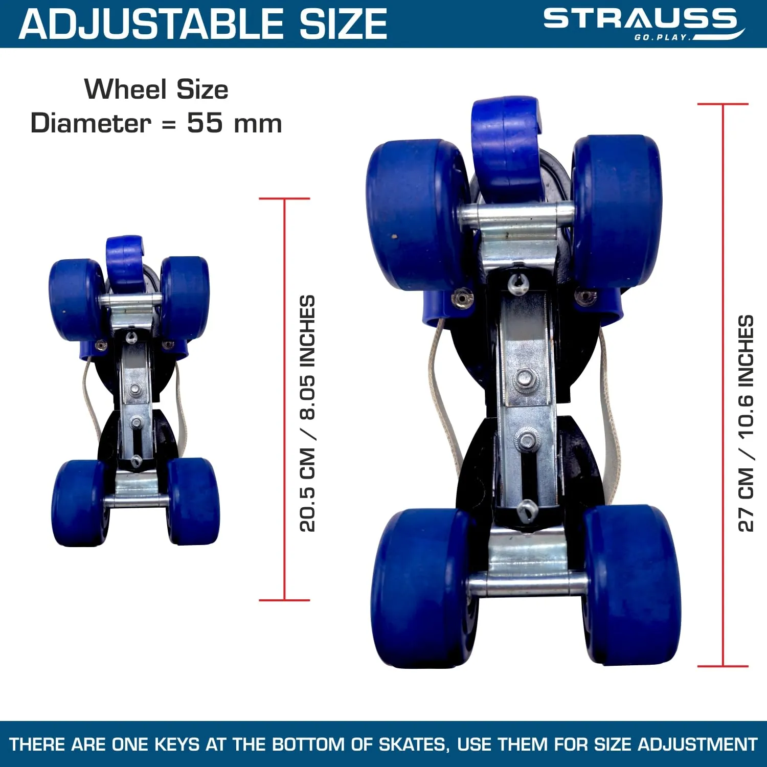 STRAUSS Junior Tenacity Roller Skates | Adjustable Shoe Size for Kids | 4 Wheels Skates for Boys and Girls | for Indoor and Outdoor Skating | Age Group 3-7 Years | Weight Capacity Upto 60kgs, Blue