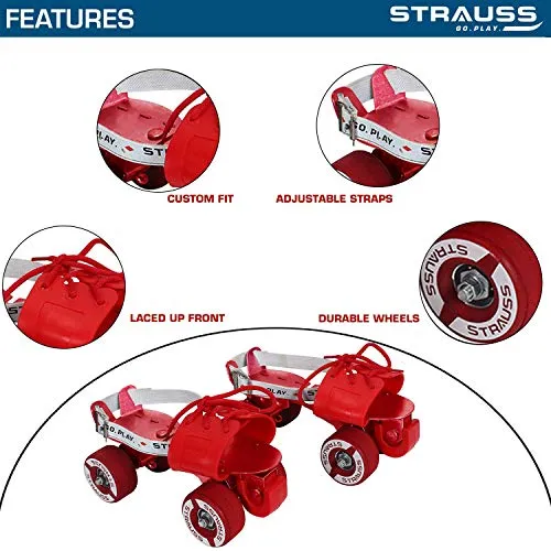 STRAUSS Unisex Senior Tenacity Roller Skates | Roller Blades for Kids | Adjustable Shoe Size | Ideal for Indoor and Outdoor Skating | for Age Group Above 6 Years | Weight Capacity 80kgs,(Red)