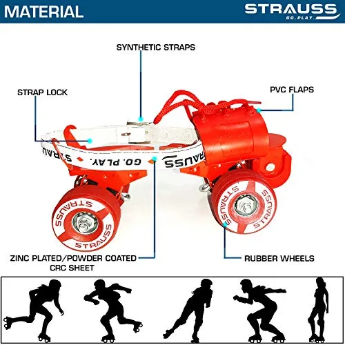 STRAUSS Unisex Senior Tenacity Roller Skates | Roller Blades for Kids | Adjustable Shoe Size | Ideal for Indoor and Outdoor Skating | for Age Group Above 6 Years | Weight Capacity 80kgs,(Red)