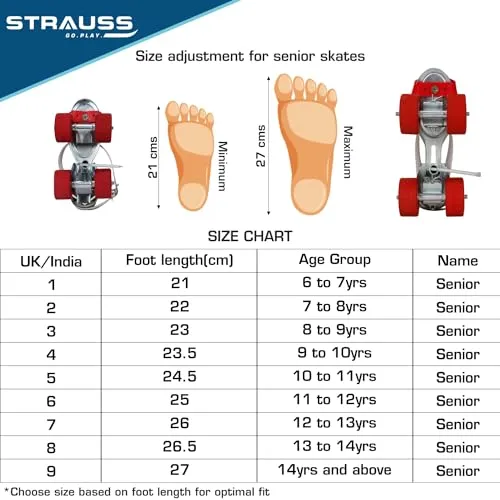 STRAUSS Unisex Senior Tenacity Roller Skates | Roller Blades for Kids | Adjustable Shoe Size | Ideal for Indoor and Outdoor Skating | for Age Group Above 6 Years | Weight Capacity 80kgs,(Red)