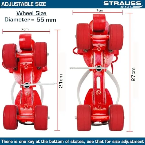 STRAUSS Unisex Senior Tenacity Roller Skates | Roller Blades for Kids | Adjustable Shoe Size | Ideal for Indoor and Outdoor Skating | for Age Group Above 6 Years | Weight Capacity 80kgs,(Red)