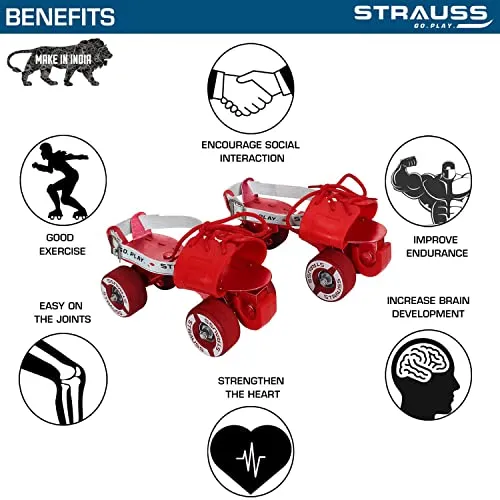 STRAUSS Unisex Senior Tenacity Roller Skates | Roller Blades for Kids | Adjustable Shoe Size | Ideal for Indoor and Outdoor Skating | for Age Group Above 6 Years | Weight Capacity 80kgs,(Red)