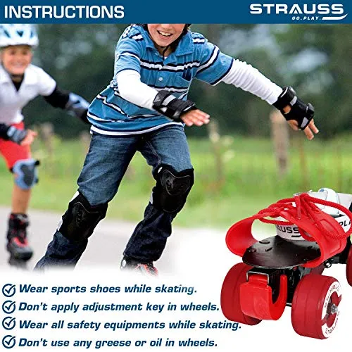 STRAUSS Unisex Senior Tenacity Roller Skates | Roller Blades for Kids | Adjustable Shoe Size | Ideal for Indoor and Outdoor Skating | for Age Group Above 6 Years | Weight Capacity 80kgs,(Red)