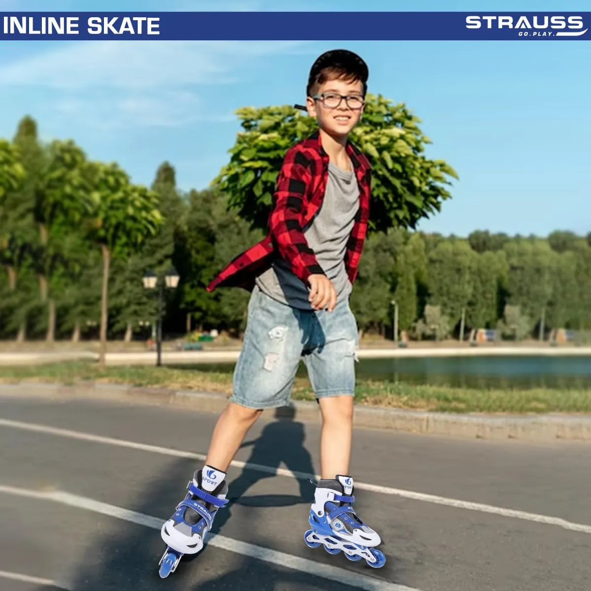 STRAUSS Vortex Adjustable Size Inline Skates | Skating Shoes for Boys & Girls | 4 Wheels |Beginner-Friendly Skating Shoe | Adjustable Roller Blades | Enhanced Stability and Support| Size M,(Blue)