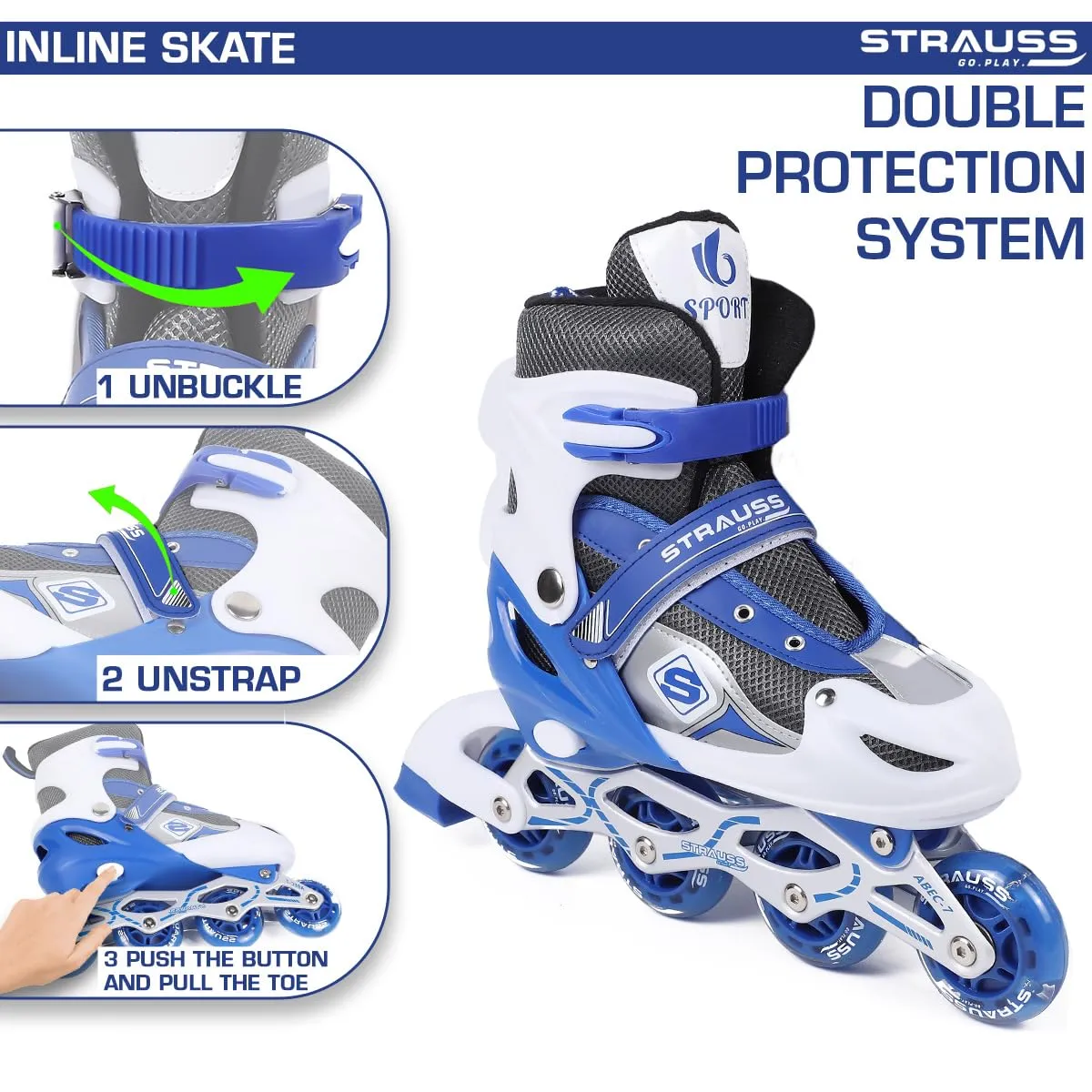 STRAUSS Vortex Adjustable Size Inline Skates | Skating Shoes for Boys & Girls | 4 Wheels |Beginner-Friendly Skating Shoe | Adjustable Roller Blades | Enhanced Stability and Support| Size M,(Blue)