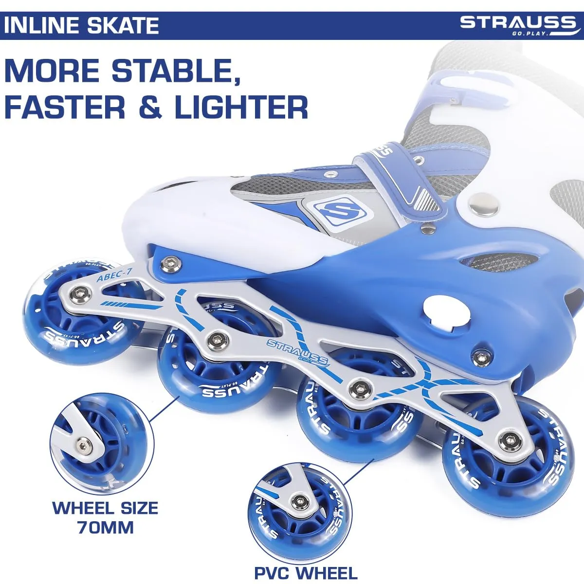 STRAUSS Vortex Adjustable Size Inline Skates | Skating Shoes for Boys & Girls | 4 Wheels |Beginner-Friendly Skating Shoe | Adjustable Roller Blades | Enhanced Stability and Support| Size M,(Blue)