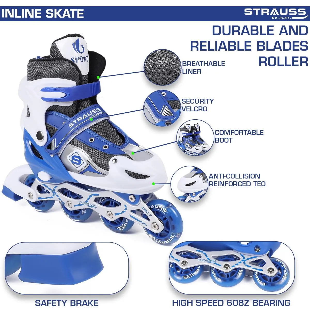 STRAUSS Vortex Adjustable Size Inline Skates | Skating Shoes for Boys & Girls | 4 Wheels |Beginner-Friendly Skating Shoe | Adjustable Roller Blades | Enhanced Stability and Support| Size M,(Blue)