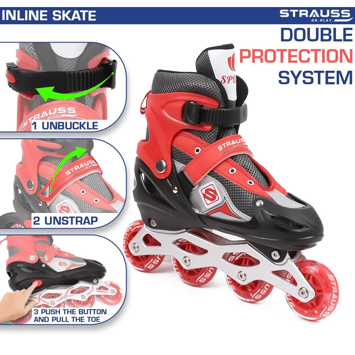 STRAUSS Vortex Adjustable Size Inline Skates | Skating Shoes for Boys & Girls | 4 Wheels |Beginner-Friendly Skating Shoe | Adjustable Roller Blades | Enhanced Stability and Support| Size S,(Red)