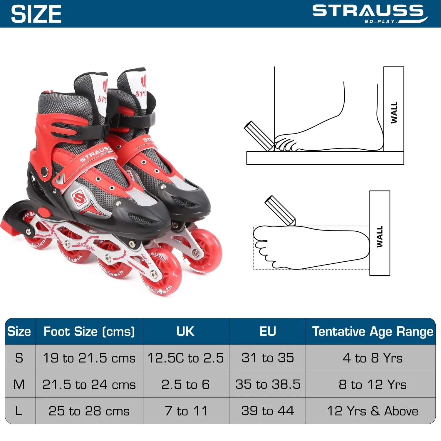 STRAUSS Vortex Adjustable Size Inline Skates | Skating Shoes for Boys & Girls | 4 Wheels |Beginner-Friendly Skating Shoe | Adjustable Roller Blades | Enhanced Stability and Support| Size S,(Red)