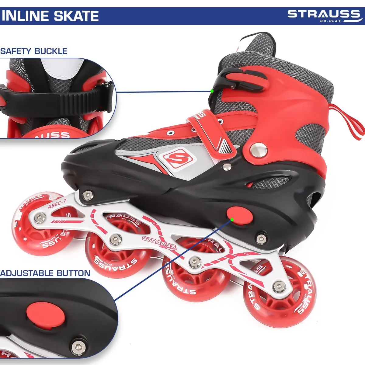 STRAUSS Vortex Adjustable Size Inline Skates | Skating Shoes for Boys & Girls | 4 Wheels |Beginner-Friendly Skating Shoe | Adjustable Roller Blades | Enhanced Stability and Support| Size S,(Red)